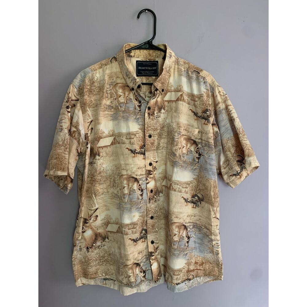 Vintage NORTH RIVER OUTFITTERS Mens‎ Camp Shirt XL Deer Turkeys Hunting Cotton